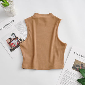 European and American summer new retro small high collar vest women's elastic slim fit short style navel - exposed sleeveless sports top - Negative Apparel