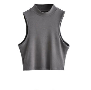 European and American summer new retro small high collar vest women's elastic slim fit short style navel - exposed sleeveless sports top - Negative Apparel