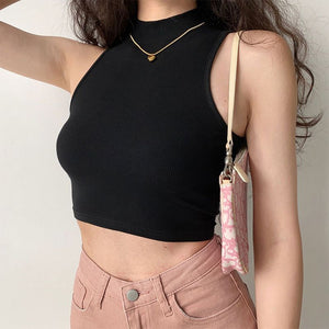 European and American summer new retro small high collar vest women's elastic slim fit short style navel - exposed sleeveless sports top - Negative Apparel