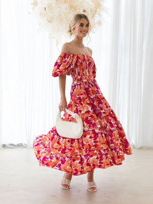 European spring and summer new trendy one - shoulder printed puffy dress bubble sleeve dress - Negative Apparel