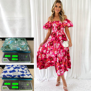 European spring and summer new trendy one - shoulder printed puffy dress bubble sleeve dress - Negative Apparel