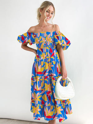 European spring and summer new trendy one - shoulder printed puffy dress bubble sleeve dress - Negative Apparel