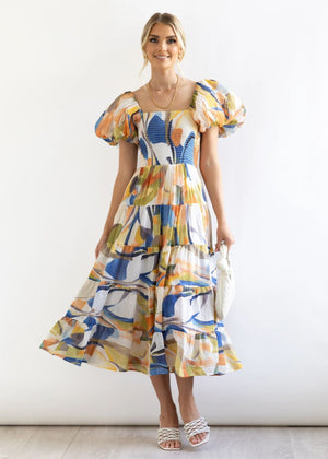 European spring and summer new trendy one - shoulder printed puffy dress bubble sleeve dress - Negative Apparel