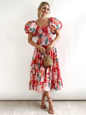 European spring and summer new trendy one - shoulder printed puffy dress bubble sleeve dress - Negative Apparel