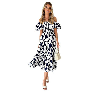European spring and summer new trendy one - shoulder printed puffy dress bubble sleeve dress - Negative Apparel