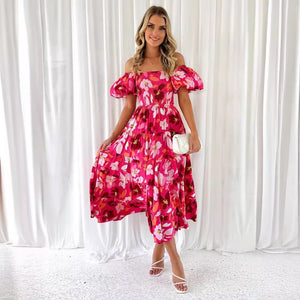 European spring and summer new trendy one - shoulder printed puffy dress bubble sleeve dress - Negative Apparel