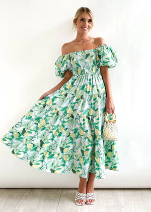 European spring and summer new trendy one - shoulder printed puffy dress bubble sleeve dress - Negative Apparel