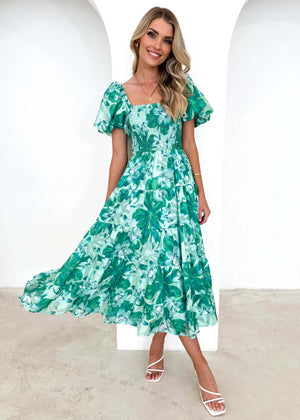 European spring and summer new trendy one - shoulder printed puffy dress bubble sleeve dress - Negative Apparel