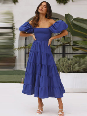 European spring and summer new trendy one - shoulder printed puffy dress bubble sleeve dress - Negative Apparel