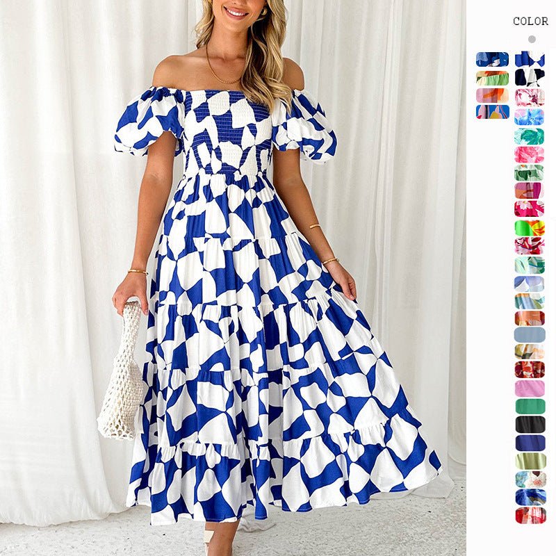 European spring and summer new trendy one - shoulder printed puffy dress bubble sleeve dress - Negative Apparel