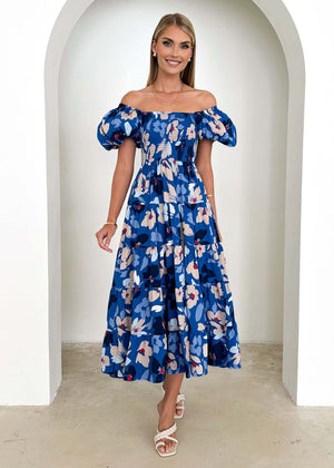 European spring and summer new trendy one - shoulder printed puffy dress bubble sleeve dress - Negative Apparel