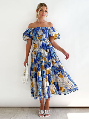 European spring and summer new trendy one - shoulder printed puffy dress bubble sleeve dress - Negative Apparel
