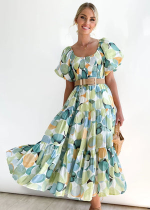European spring and summer new trendy one - shoulder printed puffy dress bubble sleeve dress - Negative Apparel