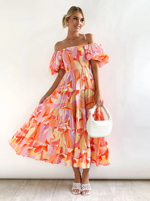 European spring and summer new trendy one - shoulder printed puffy dress bubble sleeve dress - Negative Apparel