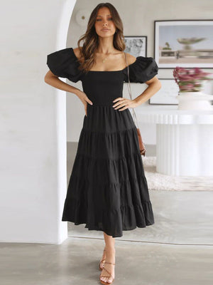 European spring and summer new trendy one - shoulder printed puffy dress bubble sleeve dress - Negative Apparel