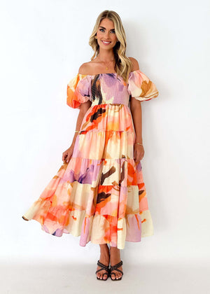 European spring and summer new trendy one - shoulder printed puffy dress bubble sleeve dress - Negative Apparel