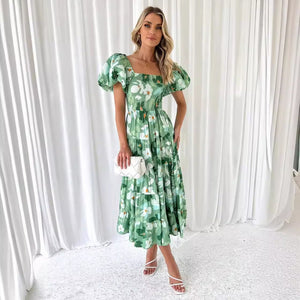 European spring and summer new trendy one - shoulder printed puffy dress bubble sleeve dress - Negative Apparel