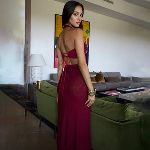 European women's halter neck slim stitching exposed backpack bodycon dress - Negative Apparel