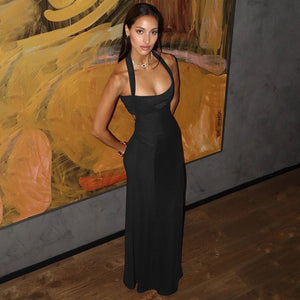 European women's halter neck slim stitching exposed backpack bodycon dress - Negative Apparel