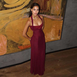 European women's halter neck slim stitching exposed backpack bodycon dress - Negative Apparel