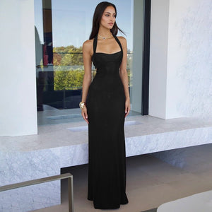 European women's halter neck slim stitching exposed backpack bodycon dress - Negative Apparel