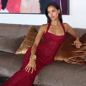 European women's halter neck slim stitching exposed backpack bodycon dress - Negative Apparel