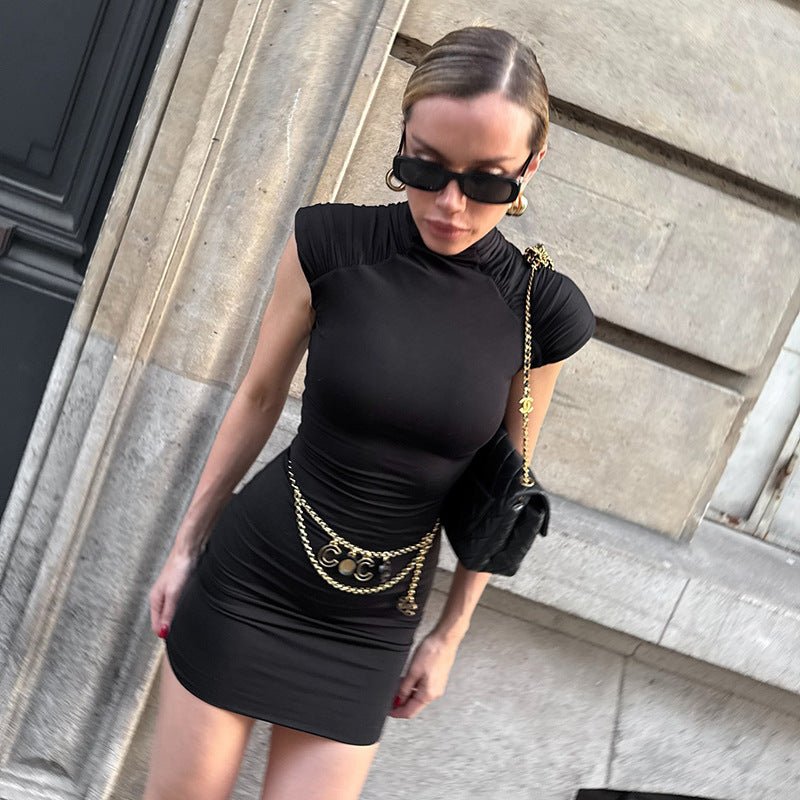 European‑style sexy bodycon short dress with pleats & shoulder pads - Negative Apparel