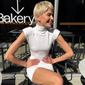 European‑style sexy bodycon short dress with pleats & shoulder pads - Negative Apparel