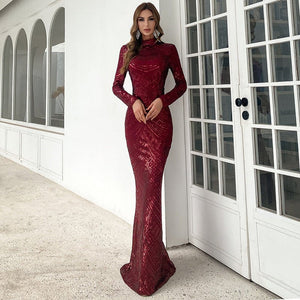 Evening dress banquet sequin round neck long sleeve dress bridesmaid dress - Negative Apparel