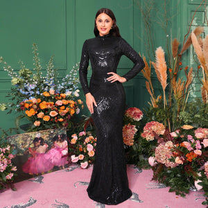 Evening dress banquet sequin round neck long sleeve dress bridesmaid dress - Negative Apparel