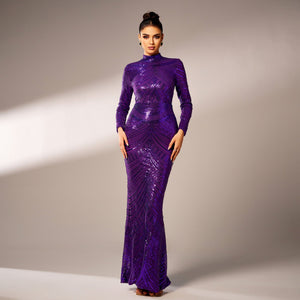 Evening dress banquet sequin round neck long sleeve dress bridesmaid dress - Negative Apparel