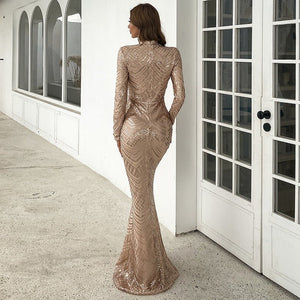 Evening dress banquet sequin round neck long sleeve dress bridesmaid dress - Negative Apparel