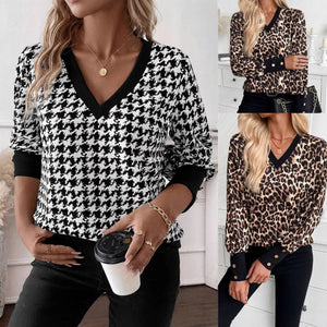explosion spring 2025 elegant women's printing sweater V - neck long - sleeved T-shirt top women - Negative Apparel