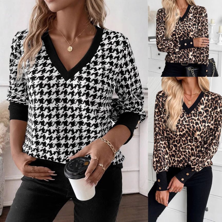 explosion spring 2025 elegant women's printing sweater V - neck long - sleeved T-shirt top women - Negative Apparel