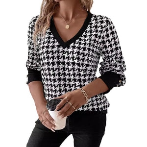 explosion spring 2025 elegant women's printing sweater V - neck long - sleeved T-shirt top women - Negative Apparel