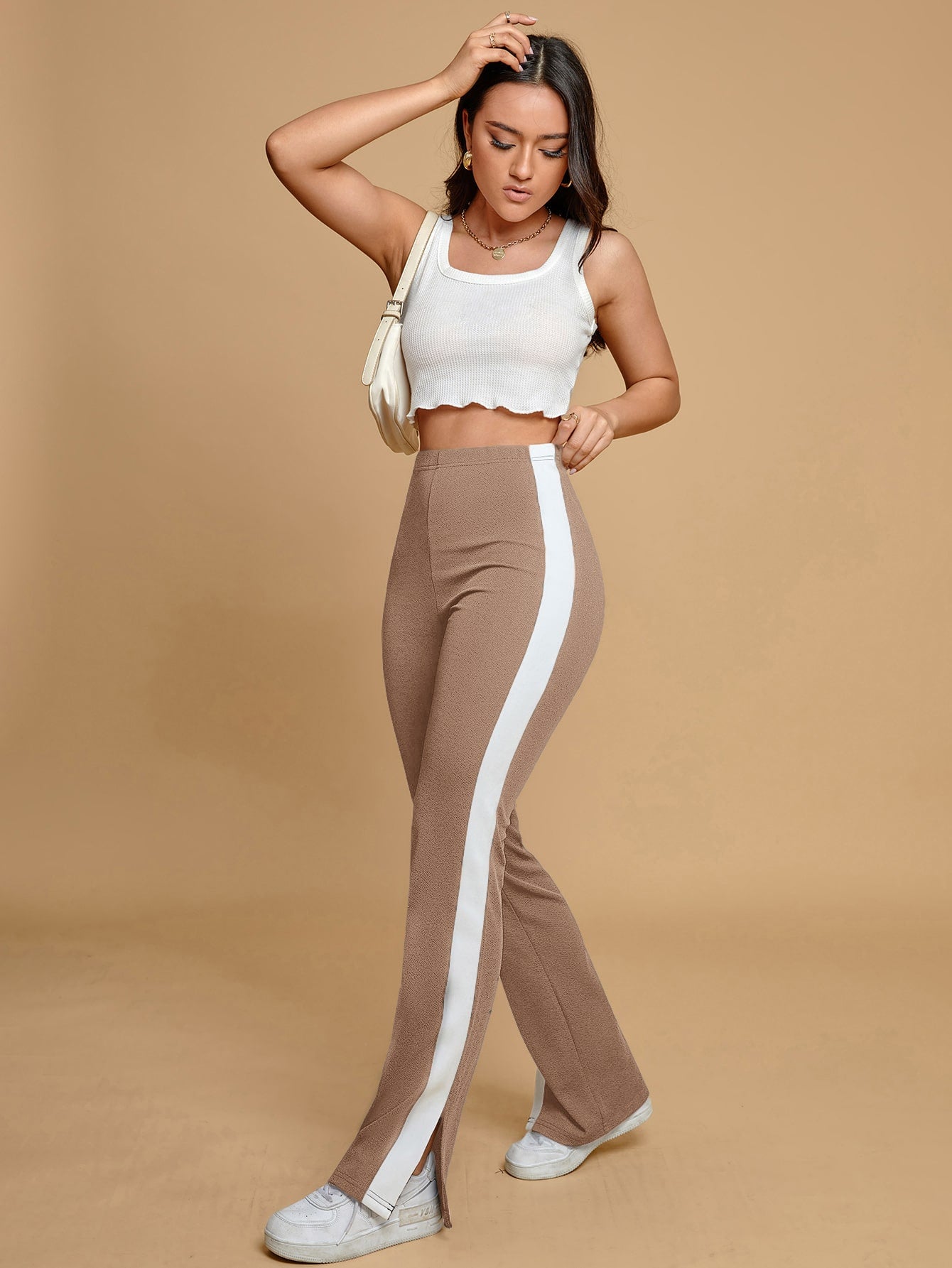 EZwear Contrast Side Seam Split Hem Pants - Negative Apparel