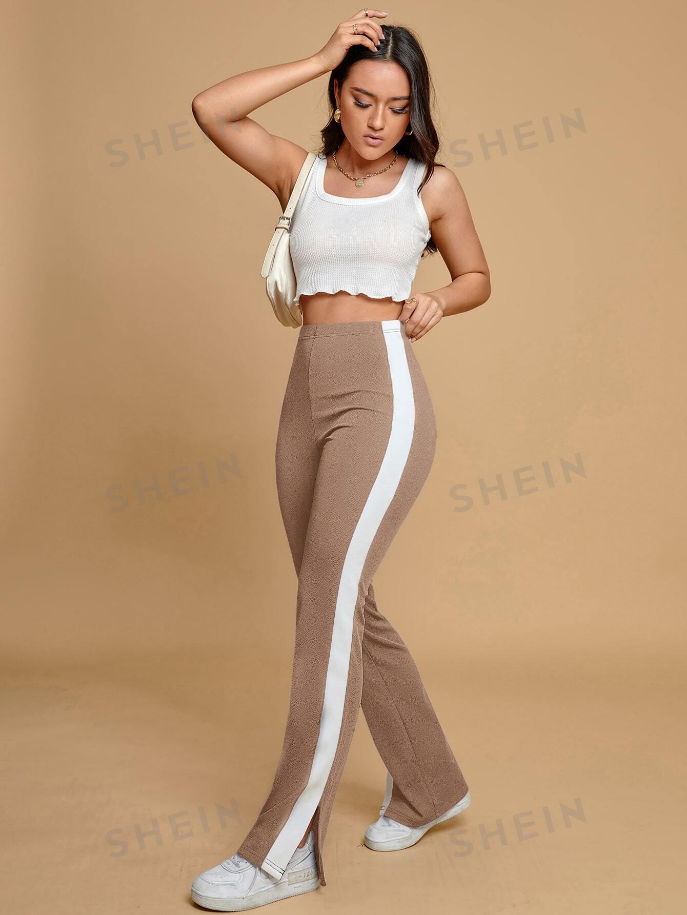 EZwear Contrast Side Seam Split Hem Pants - Negative Apparel