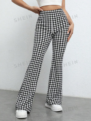EZwear Gingham Print Flare Leg Pants - Negative Apparel