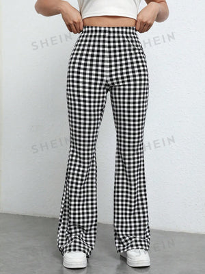 EZwear Gingham Print Flare Leg Pants - Negative Apparel