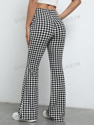 EZwear Gingham Print Flare Leg Pants - Negative Apparel