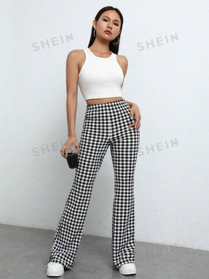 EZwear Gingham Print Flare Leg Pants - Negative Apparel