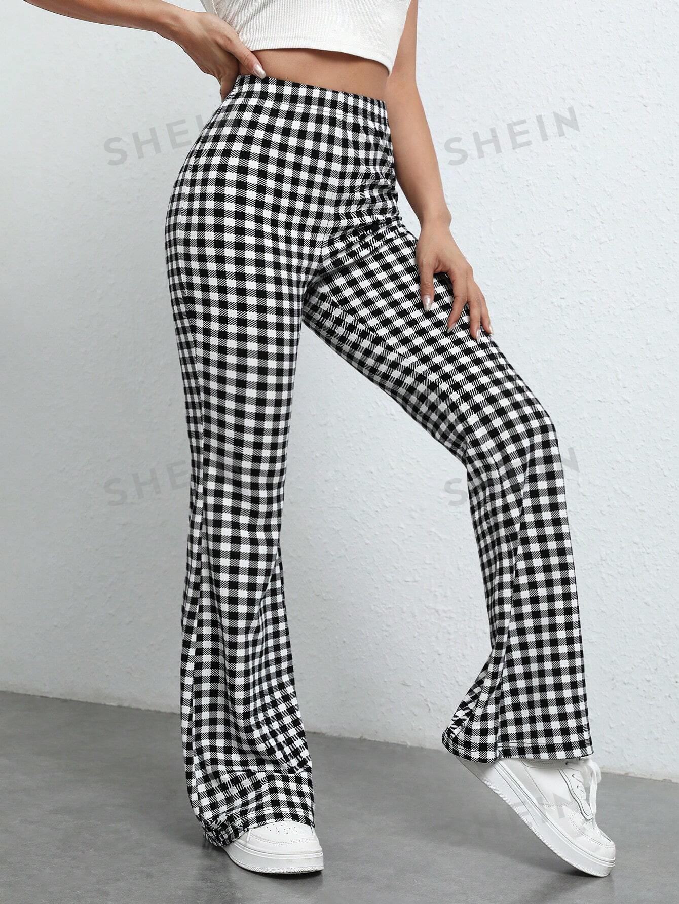 EZwear Gingham Print Flare Leg Pants - Negative Apparel