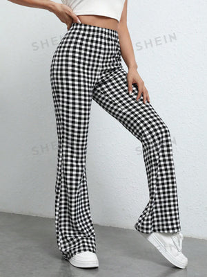 EZwear Gingham Print Flare Leg Pants - Negative Apparel