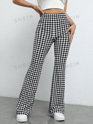 EZwear Gingham Print Flare Leg Pants - Negative Apparel