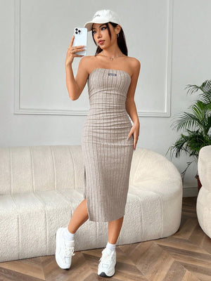 EZwear Letter Printed Patchwork Split Front Bandeau Dress - Negative Apparel