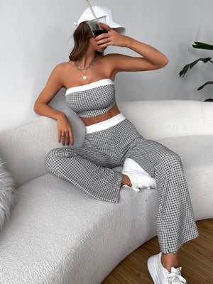 EZwear Plaid Print Contrast Trim Tube Top & Pants - Negative Apparel