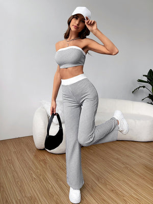 EZwear Plaid Print Contrast Trim Tube Top & Pants - Negative Apparel