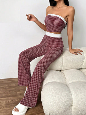 EZwear Plaid Print Contrast Trim Tube Top & Pants - Negative Apparel