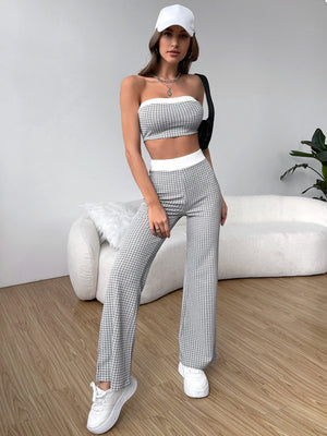 EZwear Plaid Print Contrast Trim Tube Top & Pants - Negative Apparel