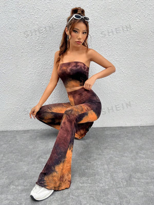 EZwear Tie Dye Crop Tube Top & Flare Leg Pants - Negative Apparel